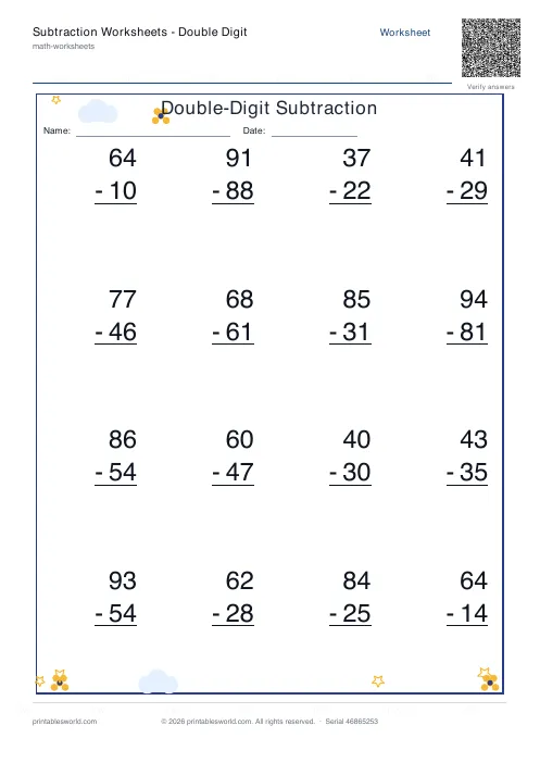 Free printable subtraction Worksheets — Double Digit PDF — sheet 10