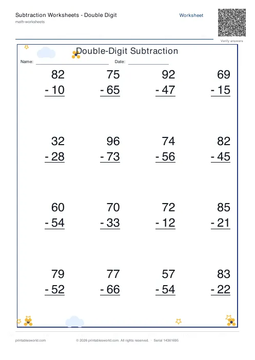 Free printable subtraction Worksheets — Double Digit PDF — sheet 12