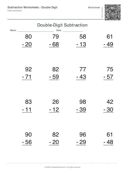 Free printable subtraction worksheet (2-digit, with answer key), PDF download