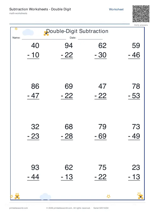 Free printable subtraction Worksheets — Double Digit PDF — sheet 3