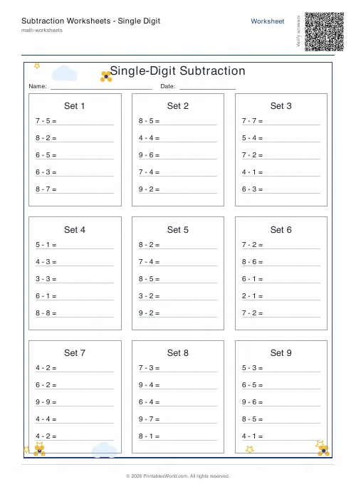 Free printable subtraction worksheet — Tables — PDF download