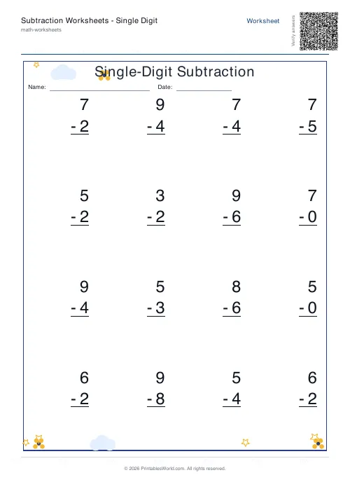 Free printable subtraction worksheet — Include zero — PDF download
