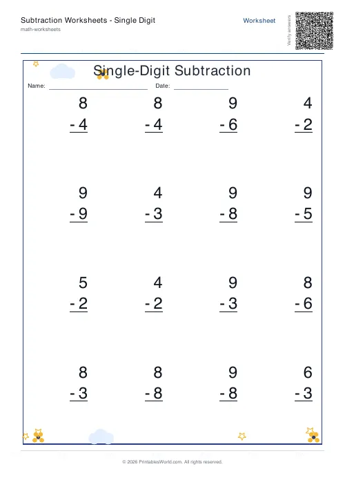 Free printable subtraction worksheet — Vertical column, with answer key — PDF download