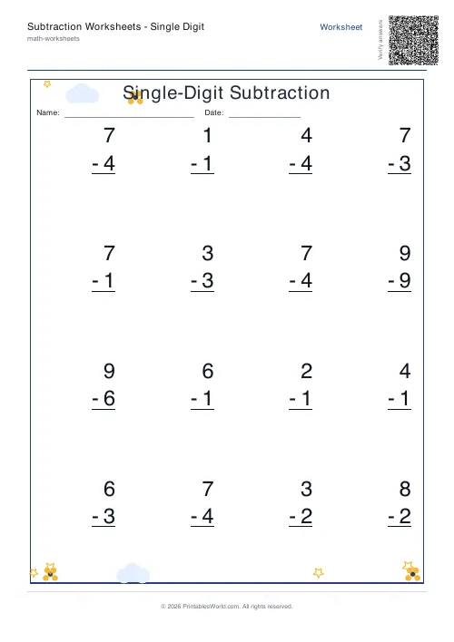 Free printable subtraction worksheet — 1-digit, with answer key — PDF download
