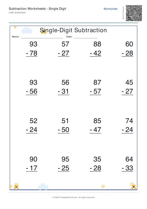 Free printable subtraction worksheet — 2-digit, with answer key — PDF download