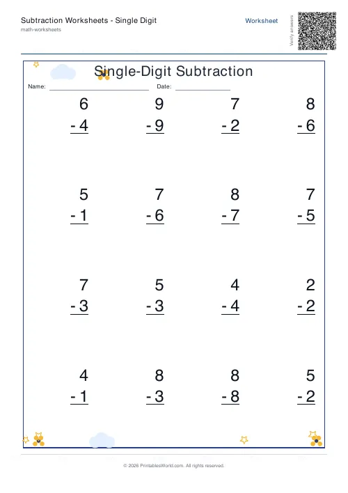 Free printable subtraction worksheet — Vertical column — PDF download
