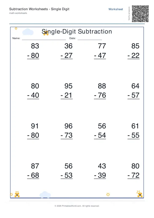 Free printable subtraction worksheet — 2-digit — PDF download