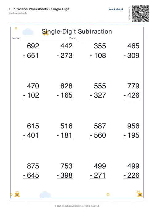 Free printable subtraction worksheet — 3-digit — PDF download