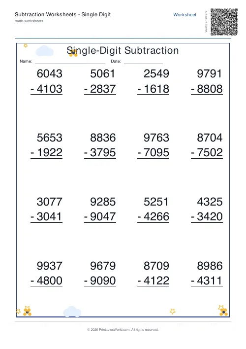 Free printable subtraction worksheet — 4-digit — PDF download