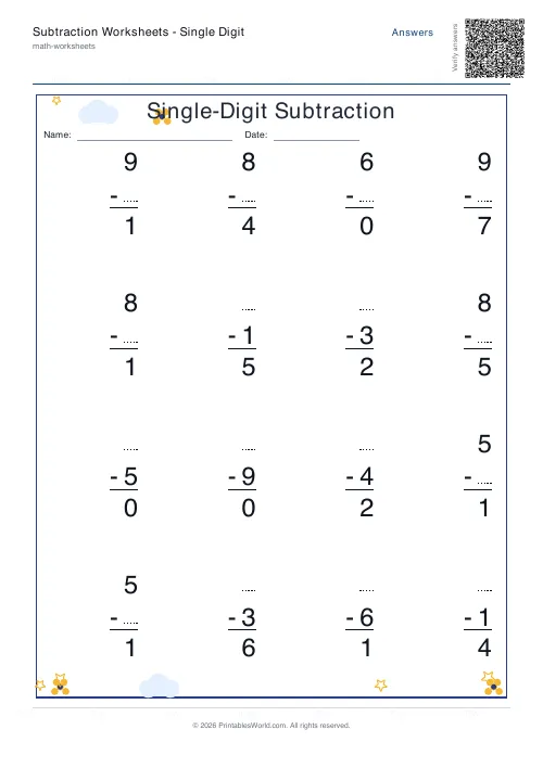 Free printable subtraction worksheet — Find missing number — PDF download