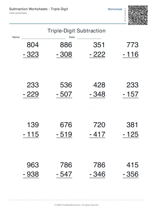 Free printable subtraction worksheet (3-digit), PDF download