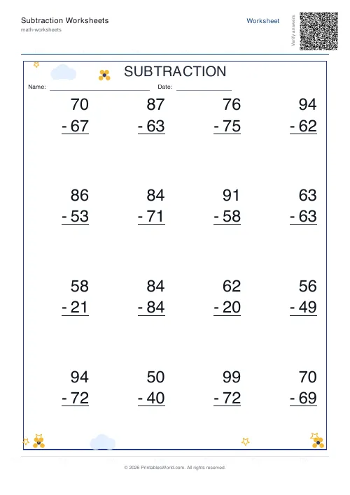 Vertical two-digit subtraction worksheet in column format, set 1