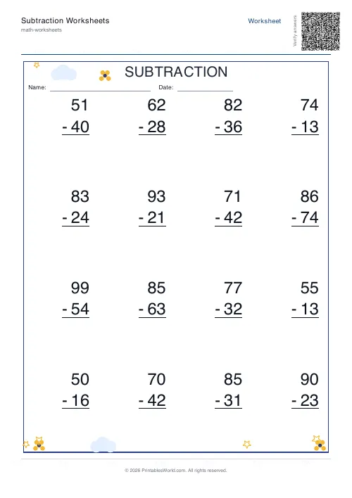 Vertical two-digit subtraction worksheet in column format, set 2