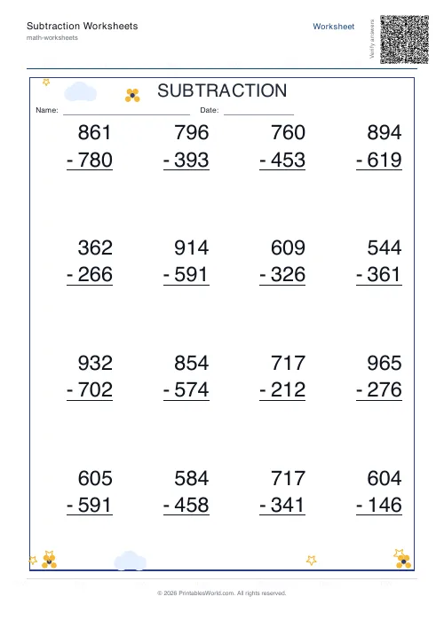 Three-digit vertical subtraction answer key with completed differences, set 1