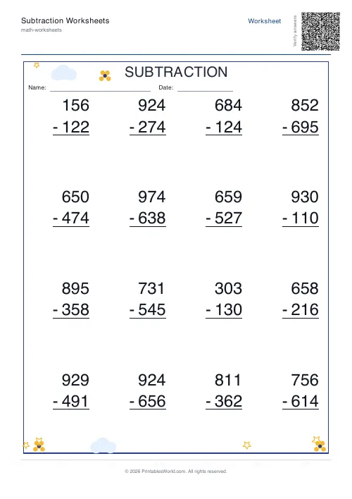 Three-digit vertical subtraction answer key with completed differences, set 2