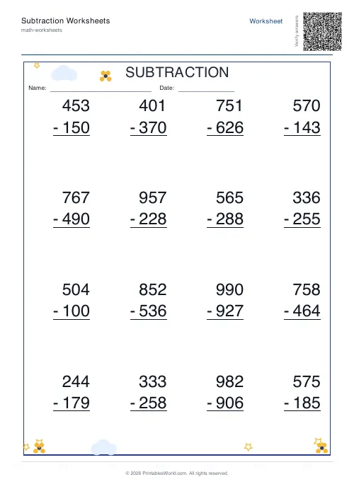 Vertical three-digit subtraction worksheet with regrouping in column format, set 1