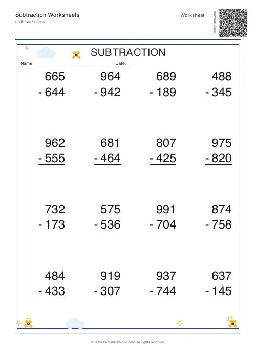 Vertical three-digit subtraction worksheet with regrouping in column format, set 2
