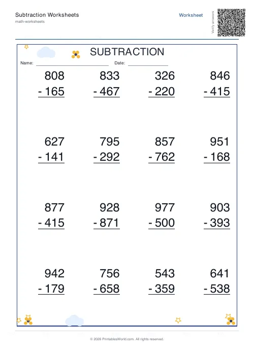 Vertical three-digit subtraction worksheet with regrouping in column format, set 3