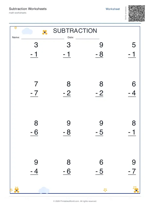 Vertical single-digit subtraction worksheet laid out in column format