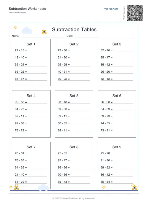Subtraction tables answer key showing completed subtraction facts, set 1
