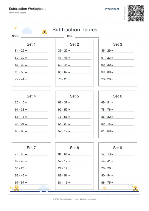 Subtraction tables answer key showing completed subtraction facts, set 2