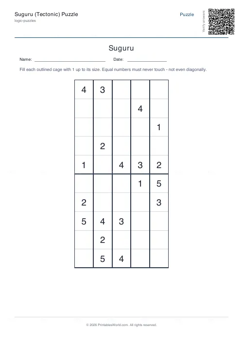 Free printable suguru puzzle (5x5, with answer key), PDF download