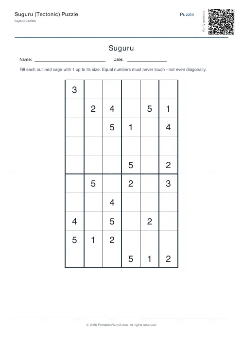 Free printable suguru puzzle (6x6, with answer key), PDF download