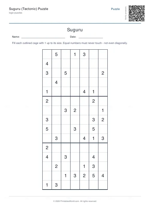 Free printable suguru puzzle (7x7, with answer key), PDF download