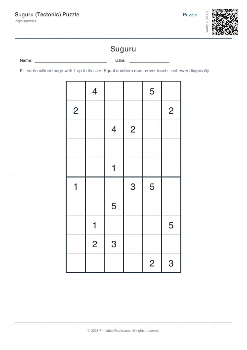 Free printable suguru puzzle (Hard), PDF download