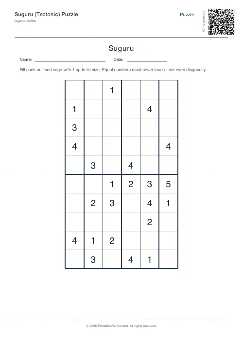 Free printable suguru puzzle (6x6), PDF download