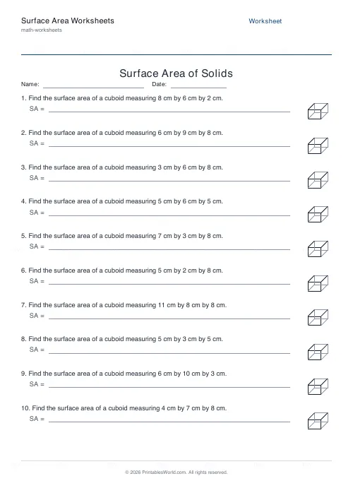Free printable surface area worksheets — PDF download
