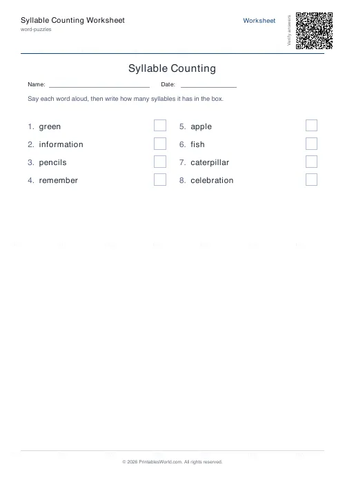 Free printable syllable counting worksheet (8 words), PDF download