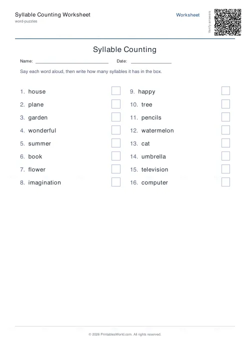 Free printable syllable counting worksheet (16 words), PDF download