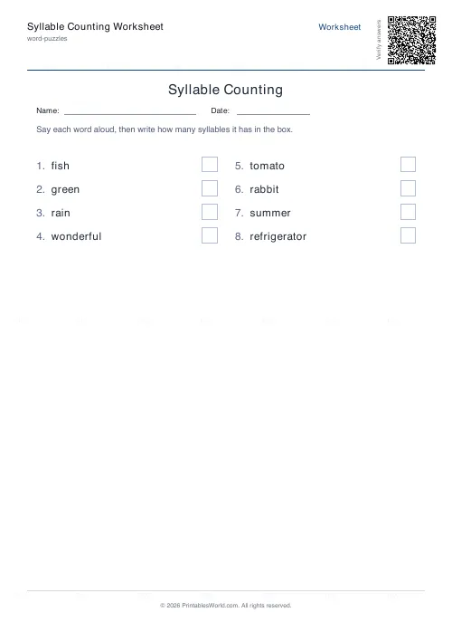 Free printable syllable counting worksheet (8 words, with answer key), PDF download
