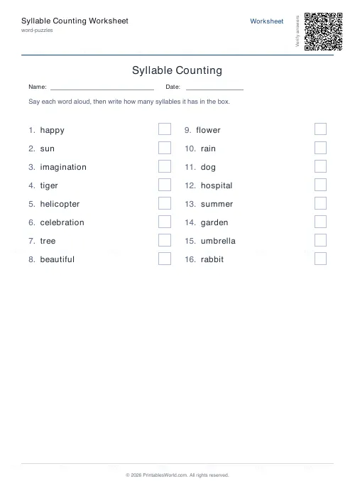 Free printable syllable counting worksheet (16 words, with answer key), PDF download