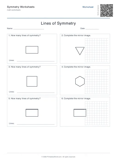 Free printable lines of symmetry worksheet — Basic shapes, with answer key — PDF download