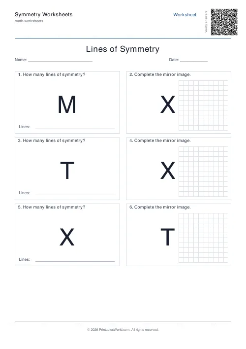 Free printable lines of symmetry worksheet — Letters, with answer key — PDF download