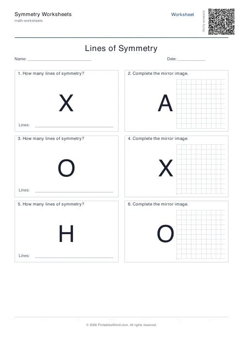 Free printable lines of symmetry worksheet — Letters — PDF download
