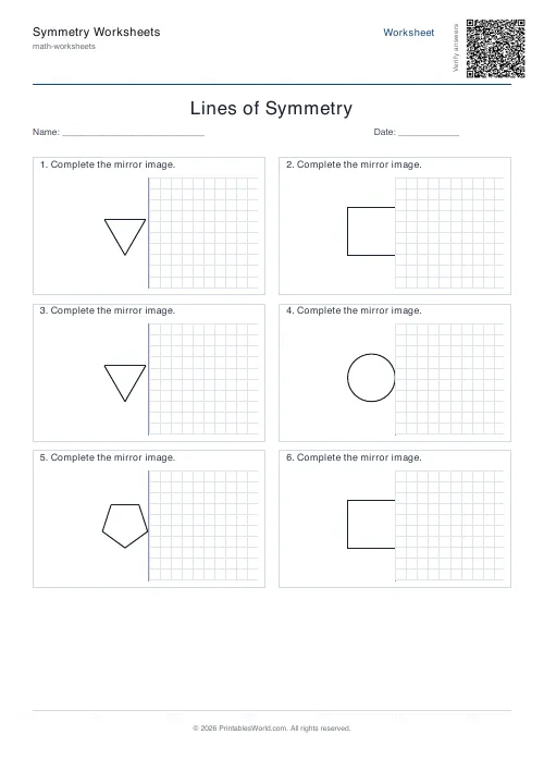 Free printable lines of symmetry worksheet — Complete the figure, with answer key — PDF download
