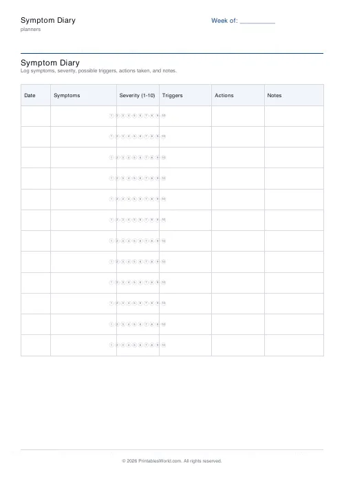 Free printable symptom diary — 12 rows — PDF download