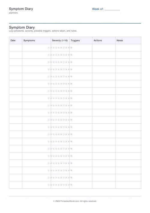 Free printable symptom diary — 20 rows — PDF download