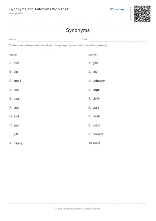 Free printable synonyms and antonyms worksheet — Synonyms — PDF download