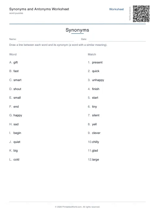 Free printable synonyms and antonyms worksheet — 12 pairs, with answer key — PDF download