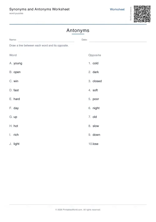 Free printable synonyms and antonyms worksheet — Antonyms — PDF download