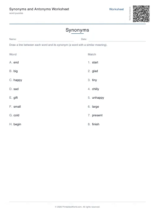 Free printable synonyms and antonyms worksheet — 8 pairs — PDF download