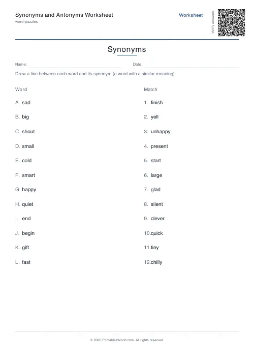 Free printable synonyms and antonyms worksheet — 12 pairs — PDF download