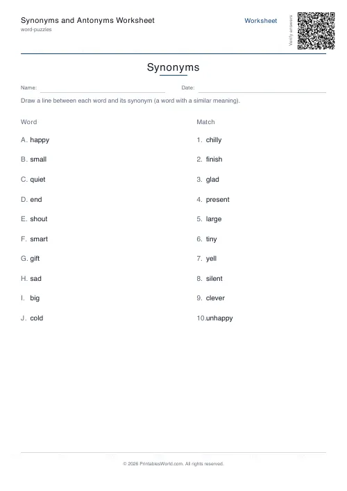 Free printable synonyms and antonyms worksheet — Synonyms, with answer key — PDF download