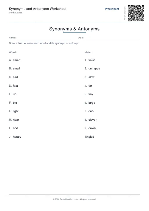 Free printable synonyms and antonyms worksheet — Mixed, with answer key — PDF download