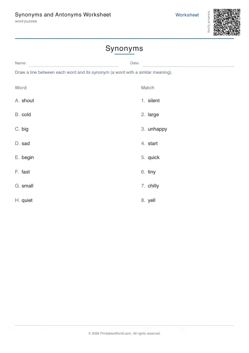 Free printable synonyms and antonyms worksheet — 8 pairs, with answer key — PDF download