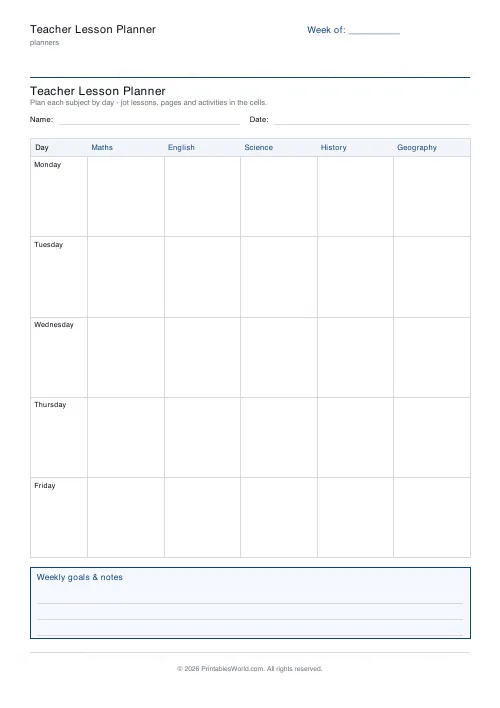 Free printable homeschool lesson planner — 5 days — PDF download